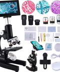 Kid Friendly Microscope With 40X-2500X Magnification, 4.3 Inch Display, accessories, eyepieces, camera setup, black