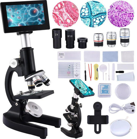 Kid Friendly Microscope With 40X-2500X Magnification, 4.3 Inch Display, accessories, eyepieces, camera setup, black
