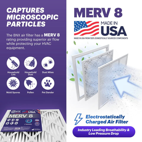 Image showing 20x25x1 Air Filter MERV 8 6 Pack Made In USA Electrostatic Top Notch Pleated Filter for HVAC systems, captures dust, mold, pollen.