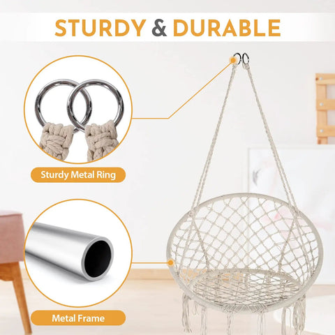 Cozy Hammock Chair Set Of 2 Macrame Swing Chairs With Tassels Bohemian Style Handwoven Cotton Rope Indoor Outdoor Beige Max 330 Lbs