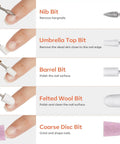 24 Piece Nail Drill Bit Set showing nib, umbrella top, barrel, felted wool, and coarse disc bits for acrylic gel nails.