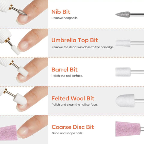 24 Piece Nail Drill Bit Set showing nib, umbrella top, barrel, felted wool, and coarse disc bits for acrylic gel nails.