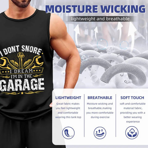 Mens Fresh Car Mechanic Tank Top 100 Cotton Ultra Soft Sleeveless Muscle Tee For Guys in black with garage print and moisture wicking tech.