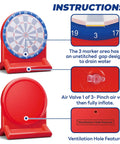 Instructions showing Inflatable Dart Board Pool Toy for Kids and Adults, Water Target Game Float Safe PVC, Backyard Beach Party Fun, Poolside Entertainment for Ages 6 to 12 and Up, Red, with details of air valve and ventilation hole feature.