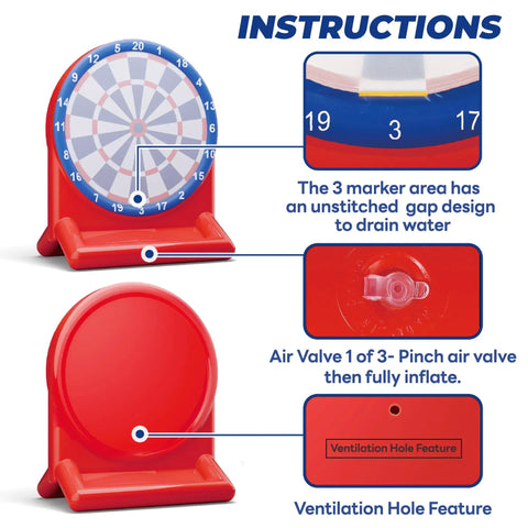 Instructions showing Inflatable Dart Board Pool Toy for Kids and Adults, Water Target Game Float Safe PVC, Backyard Beach Party Fun, Poolside Entertainment for Ages 6 to 12 and Up, Red, with details of air valve and ventilation hole feature.