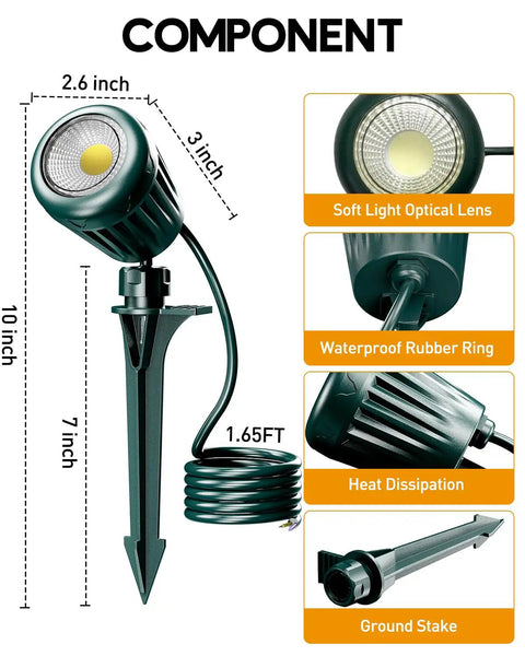 Low Voltage Landscape Lights 5W 500LM Outdoor LED Spot Lights With 4 Color Lenses details, including measurements and components.