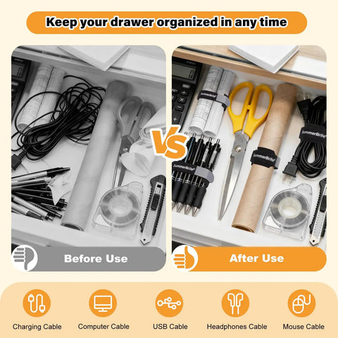 Before and after of desk drawer organized with 70 Pack Black Cable Ties With Writable Labels 4 6 8 Inch Assorted Sizes