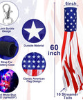 Image showcasing Three Pack 60 Inch American Flag Windsocks with Red White Blue LED Lights for Outdoor Yard Decor, detailing features.