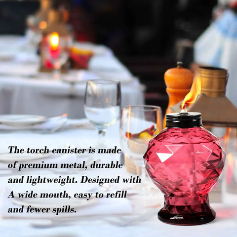 Red Four Pack Glass Table Top Outdoor Torches With Citronella Refillable Glass Lanterns on dining table at patio party
