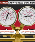 Front view of brass high‑pressure nitrogen regulator with dual 2.5-inch gauges (inlet and outlet).