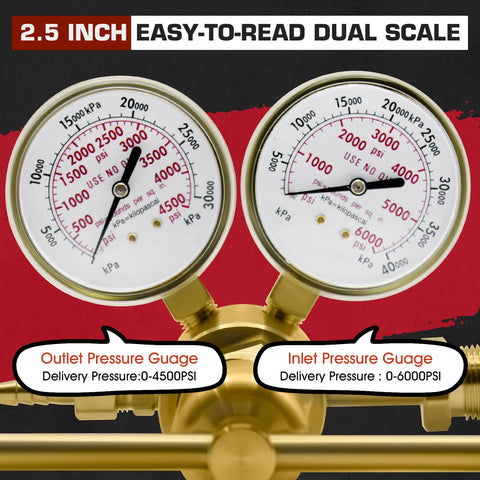Front view of brass high‑pressure nitrogen regulator with dual 2.5-inch gauges (inlet and outlet).