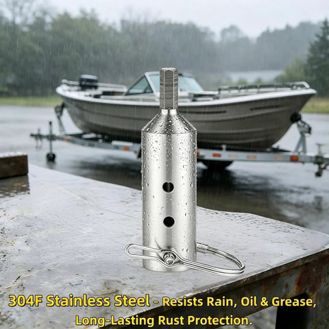 Heavy Duty Stainless Steel Trailer Jack Drill Adapter 4.5 Inch Length Fits One Inch Drive Shaft Handles 10K To 12K Pounds in the rain.