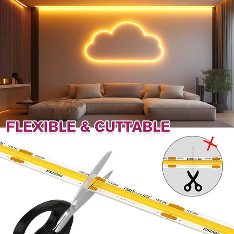 Living room with Warm White Cob LED Strip Light 2700K 10m Ultra Dense 5120 LEDs Per Roll 24V DC Seamless Glare Free Lighting 8mm