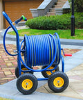 Heavy Duty Garden Hose Reel Cart With Smooth Rolling Base For Badass Water Pipe Storage And Push Along Yard Utility Holder Plus Rock Solid Irrigation Hose Management For Zero Hassle Cleanup, blue steel cart with hose on wheels.