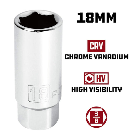 Three Eighth Inch Drive Spark Plug Socket Set Six Point Deep Thin Wall Five Piece Metric And SAE Chrome Vanadium Gray Finish For Broad Vehicle Coverage