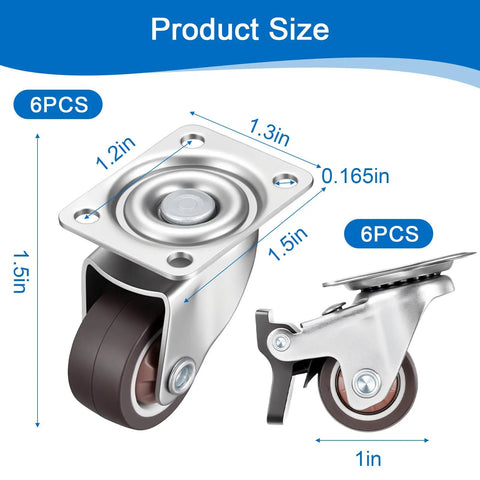 12 Pack 1 Inch Swivel Caster Wheels Real Deal Hardware Kit For Furniture Featuring Six Locking Brake Units And Six Freewheel Rollers Smooth Like Butter size diagram showing dimensions of wheels and mounts.