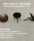 Hardcore Upholstery Tacks And Furniture Nails 100 Pack Heavy Duty Decorative Hardware Big Time Upgrade For DIY Restorations Solid Antique Brass real deal finish, showing three tacks with star design.