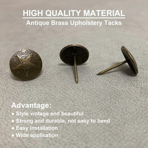 Hardcore Upholstery Tacks And Furniture Nails 100 Pack Heavy Duty Decorative Hardware Big Time Upgrade For DIY Restorations Solid Antique Brass real deal finish, showing three tacks with star design.