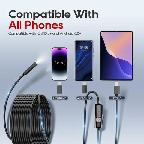 Endoscope Camera With Light 1920P HD Borescope Inspection Tool, 8 Adjustable LEDs, IP67 Waterproof Semi-Rigid Cable, Plug In USB Type C, Lightning, Micro USB For Android, iPhone, And iPad, compatible with phones