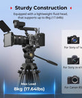 Beefy Pro Grade Aluminum Video Tripod With Fluid Head For Pro Shoots, 73 Inch Reach, Supports Up To 8kg, showing camera compatibility