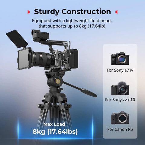 Beefy Pro Grade Aluminum Video Tripod With Fluid Head For Pro Shoots, 73 Inch Reach, Supports Up To 8kg, showing camera compatibility