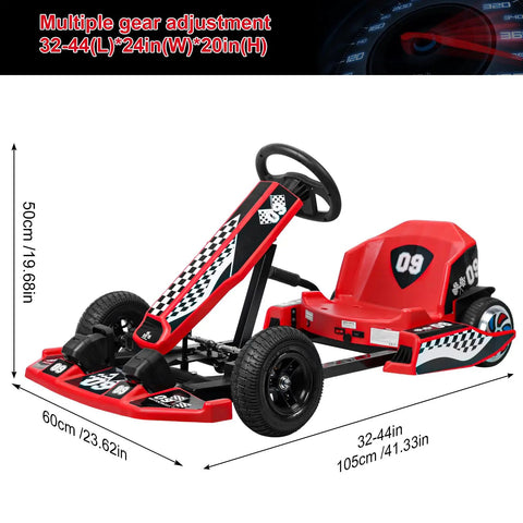 Red Kids 36V Electric Drift Go Kart With 350W Motor And 16 MPH Top Speed, adjustable length 32 to 44 inches, black tires