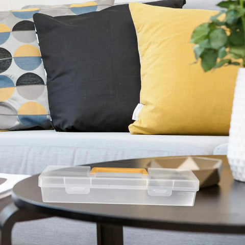 Heavy Duty Small Parts Organizer Box Built Tough Plastic Tool Caddy with grippy handle on a coffee table