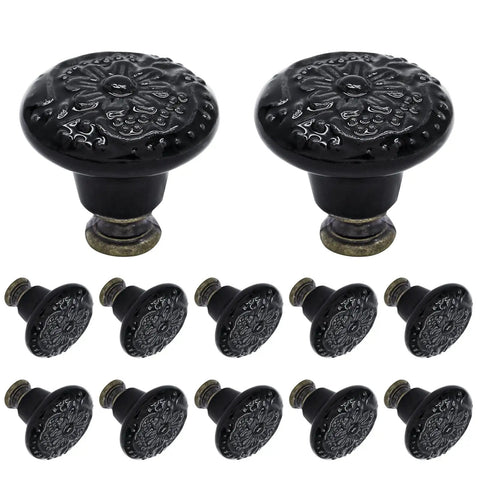 12 Pack Black Ceramic Kitchen Cabinet Knobs Set With 34mm Diameter And 30mm Height Includes Two Screw Sizes And Mini Screwdriver For Easy Install Sleek Durable Pull Handles For Cabinets And Drawers, floral detail