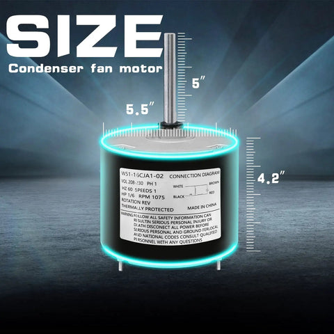 Condenser Fan Motor Replacement For HVAC Systems, One Sixth Horsepower, Single Phase, 208 To 230 Volts, 1075 RPM, size detail