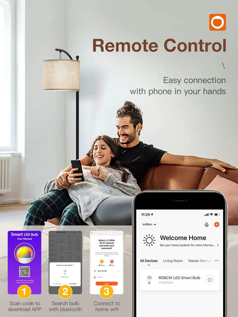 Couple using phone app for RGB Floor Lamp For Living Room With App Control, Adjustable Height From 60 To 73 Inches, Beige Linen Shade