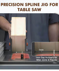 Right Angle Spline Jig For Table Saw And Router Table in use, showing 1mm gap accuracy, pro grade miter joint tool setup