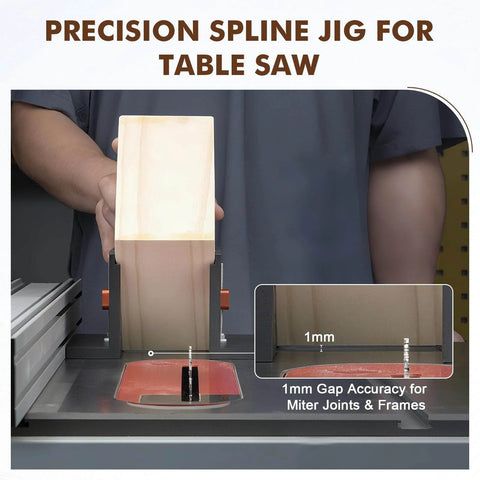 Right Angle Spline Jig For Table Saw And Router Table in use, showing 1mm gap accuracy, pro grade miter joint tool setup
