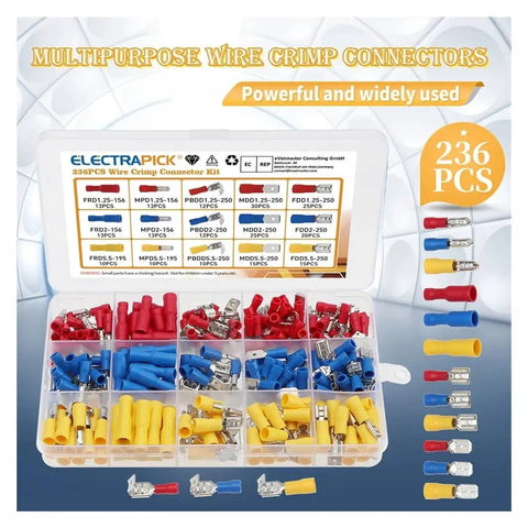 Top Notch 236 Pc Insulated Wire Electrical Connectors Assortment Kit With Butt Spade Ring Terminals And Fast Disconnect Crimp Tools For Pro DIY Wiring Jobs open case