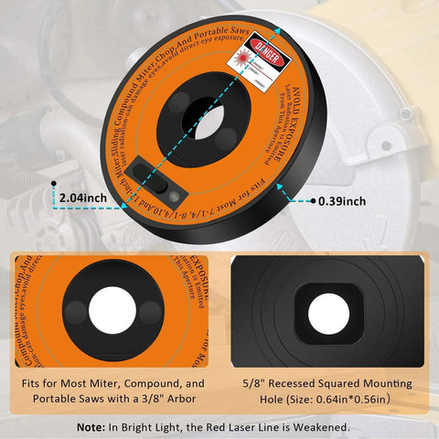 Rechargeable miter saw laser guide, orange and black, front view showing 3/8-inch arbor compatibility.