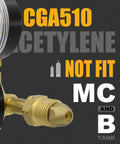 Close-up of CGA510 acetylene regulator, highlighting compatibility and fit details.