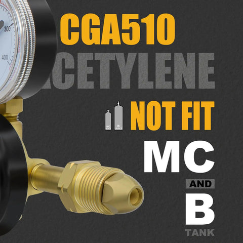 Close-up of CGA510 acetylene regulator, highlighting compatibility and fit details.