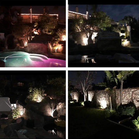8Pack 5W Low Voltage Landscape Lights with Connectors illuminating a garden and pool area, showcasing 270-degree adjustable heads