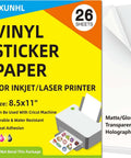 YIXUNHL vinyl sticker paper package, 8.5 x 11 in, 26 sheets, glossy self-adhesive for inkjet/laser printers
