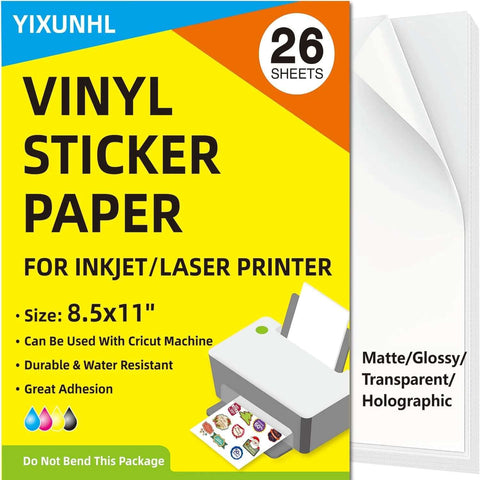 YIXUNHL vinyl sticker paper package, 8.5 x 11 in, 26 sheets, glossy self-adhesive for inkjet/laser printers