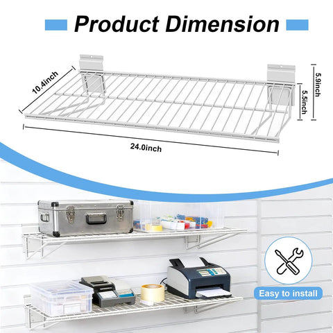 24 Inch Slatwall Shelves Warm White For Garage Organization, Heavy Duty Slat Wall Wire Shelf Set Of 2 installed with tools displayed