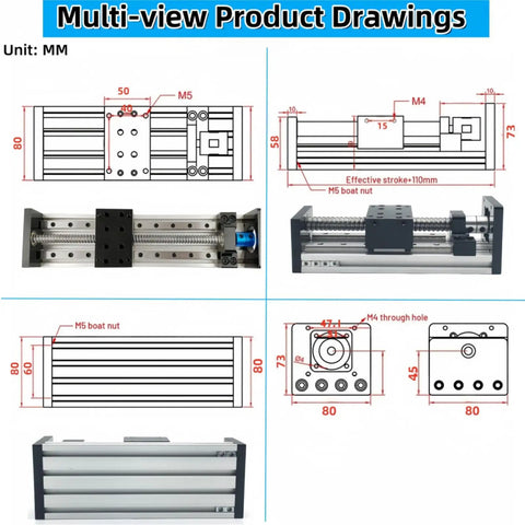 Technical drawings and images of 4 Inch Stroke Ball Screw Slide Table With Beefy Double Rail Linear Actuator 100mm Travel 110 Lb Load
