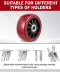 5 Inch Caster Wheels 4 Pack Double Swivel Bearings With Non Marking Poly Tread Tough As Nails Build, red poly wheel view.