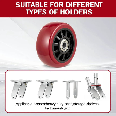 5 Inch Caster Wheels 4 Pack Double Swivel Bearings With Non Marking Poly Tread Tough As Nails Build, red poly wheel view.
