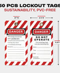 Lockout Tagout Kit With 50 Red Safety Padlocks And Tags Keyed Differently Two Keys Per Lock A Real Worksite Workhorse OSHA Compliant LOTO Locks For Lockout Tagout Stations And Devices, showing two red danger tags with dimensions.