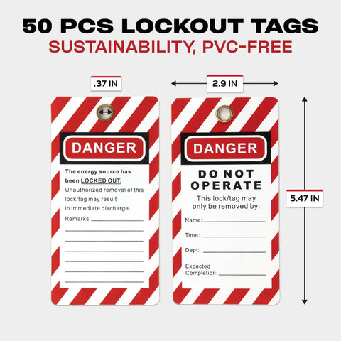 Lockout Tagout Kit With 50 Red Safety Padlocks And Tags Keyed Differently Two Keys Per Lock A Real Worksite Workhorse OSHA Compliant LOTO Locks For Lockout Tagout Stations And Devices, showing two red danger tags with dimensions.