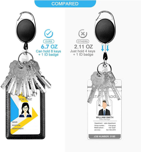 Comparison of five pack retractable badge reels with carabiner clip, key ring, ideal for IDs and keys, versus standard reel, showing capacity.