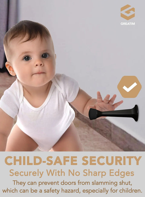 Heavy Duty 3 Inch Door Stop With Built To Last Solid Zinc Die Cast Construction And Soft Bumper Tips Black Door Stopper Pack Of 5 For Home Office And Garage Doors That Swing Shut shown protecting a wall with a crawling baby nearby.