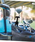 Golf clubs in a bag on a cart secured with 3 Sets Elastic Draw Latches For Toolboxes And Covers, Rubber T Handle Hasp.