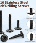145 Piece Self Tapping Screws Set For Metal Projects In 410 Stainless Steel With Black Zinc Plating, Truss Head Design