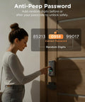 Woman using Hands Free Palm Vein Smart Lock D2 Pro With WiFi Keyless Entry Deadbolt Door Lock beside door, focused on keypad display.